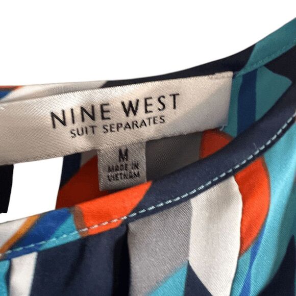 Nine West Womens Top Medium Geo Print Peplum Sleeveless Blouse - Picture 2 of 4